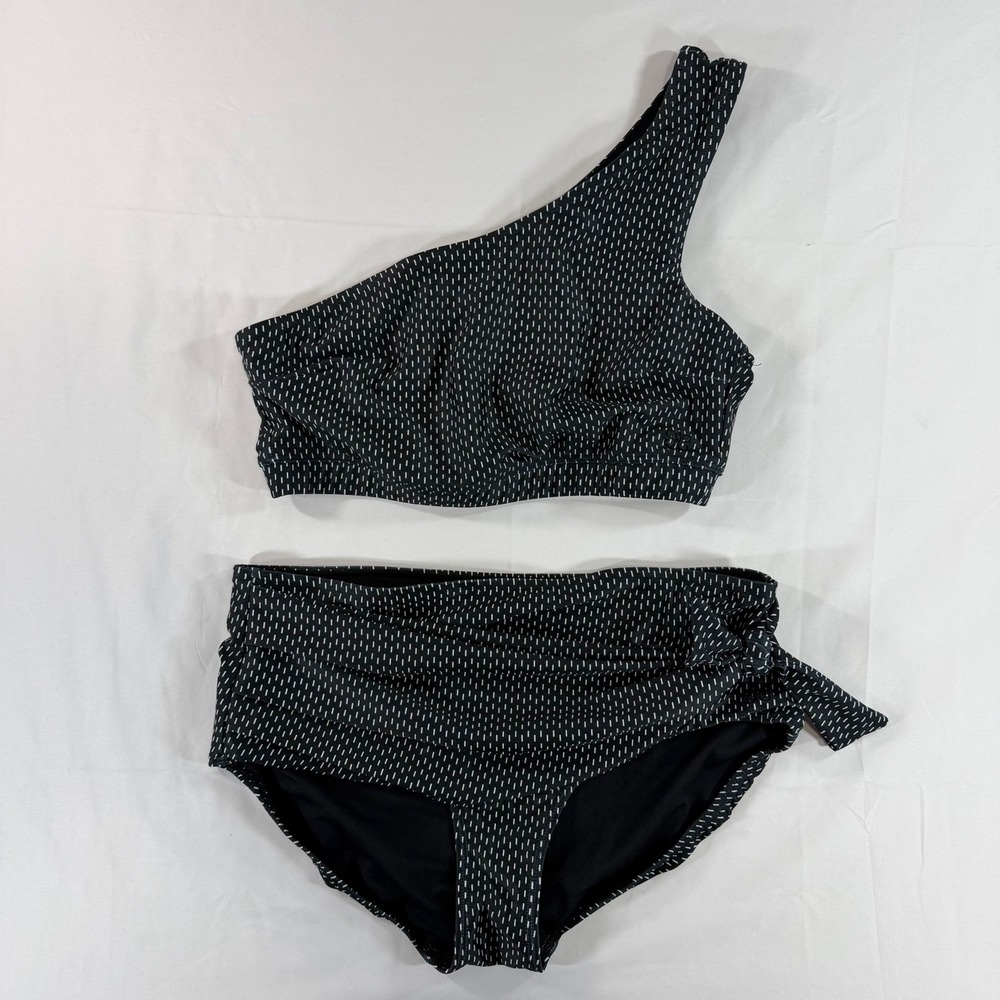 Albion Fit Womens Black White Dash One Shoulder Bikini Set High Waist Size M